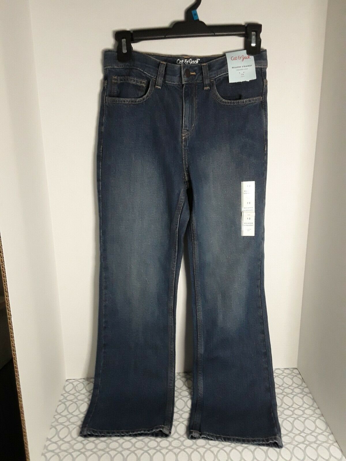 Cat & Jack Kids Relaxed Straight Adjustable Waist Blue Jeans Size 12 New